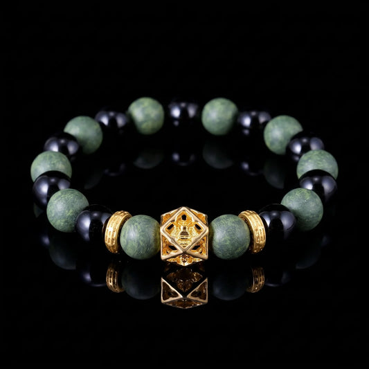 AZURE DRAGON Guardian Formula wearable incense bracelet with green and black beads on a black reflective surface.