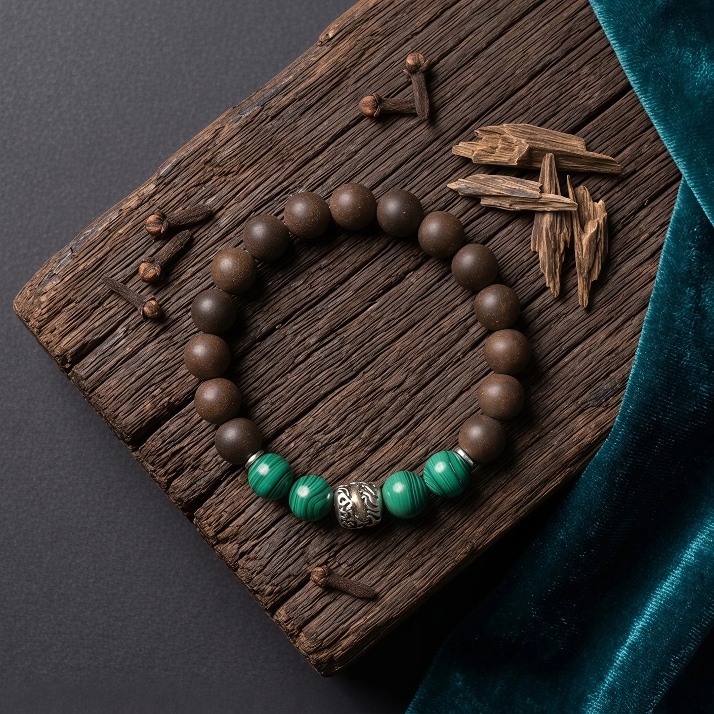 YONGZHENG COOL wearable incense bracelet flat lay with wood materials for a cool herbal formula story.