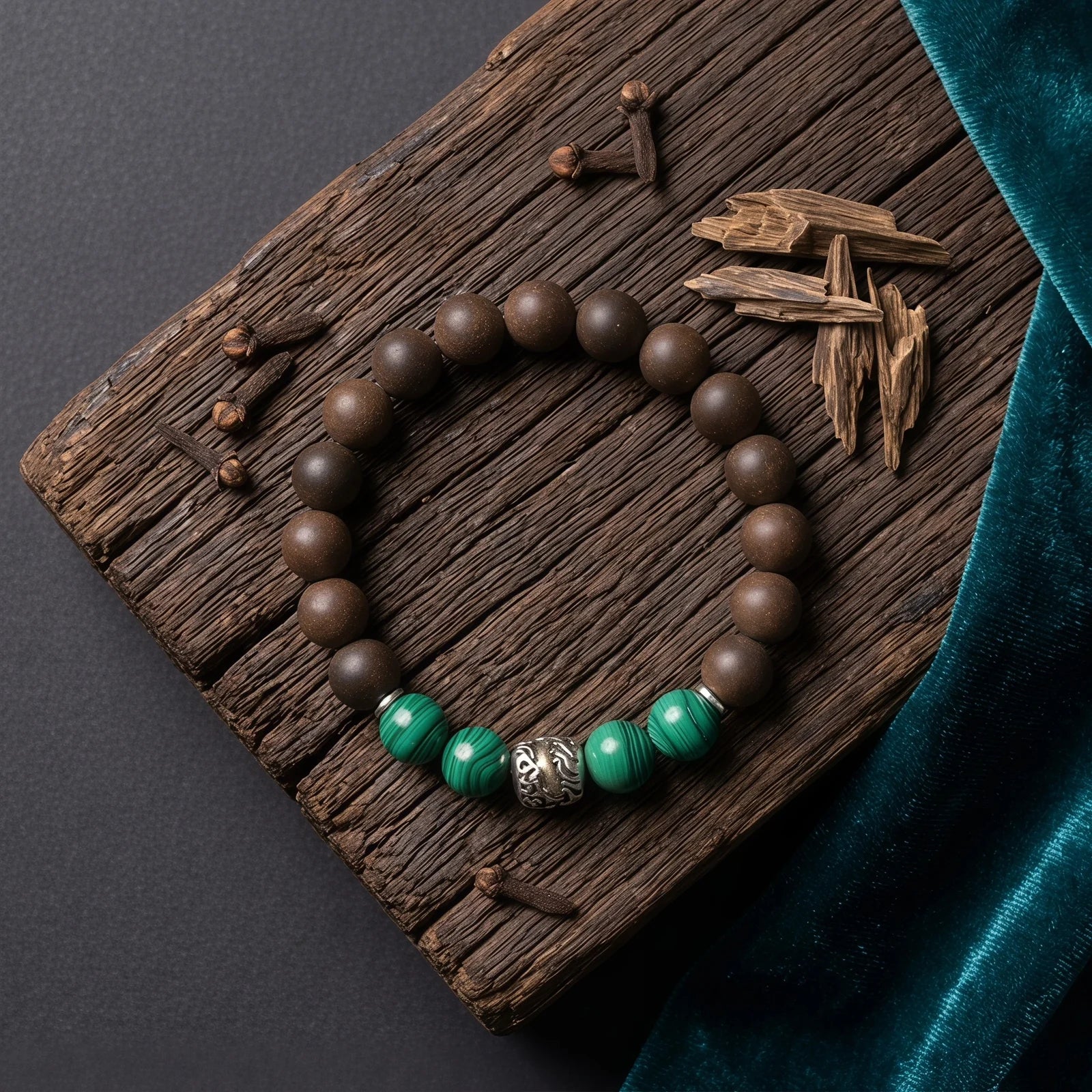 YONGZHENG COOL wearable incense bracelet flat lay with wood materials for a cool herbal formula story.