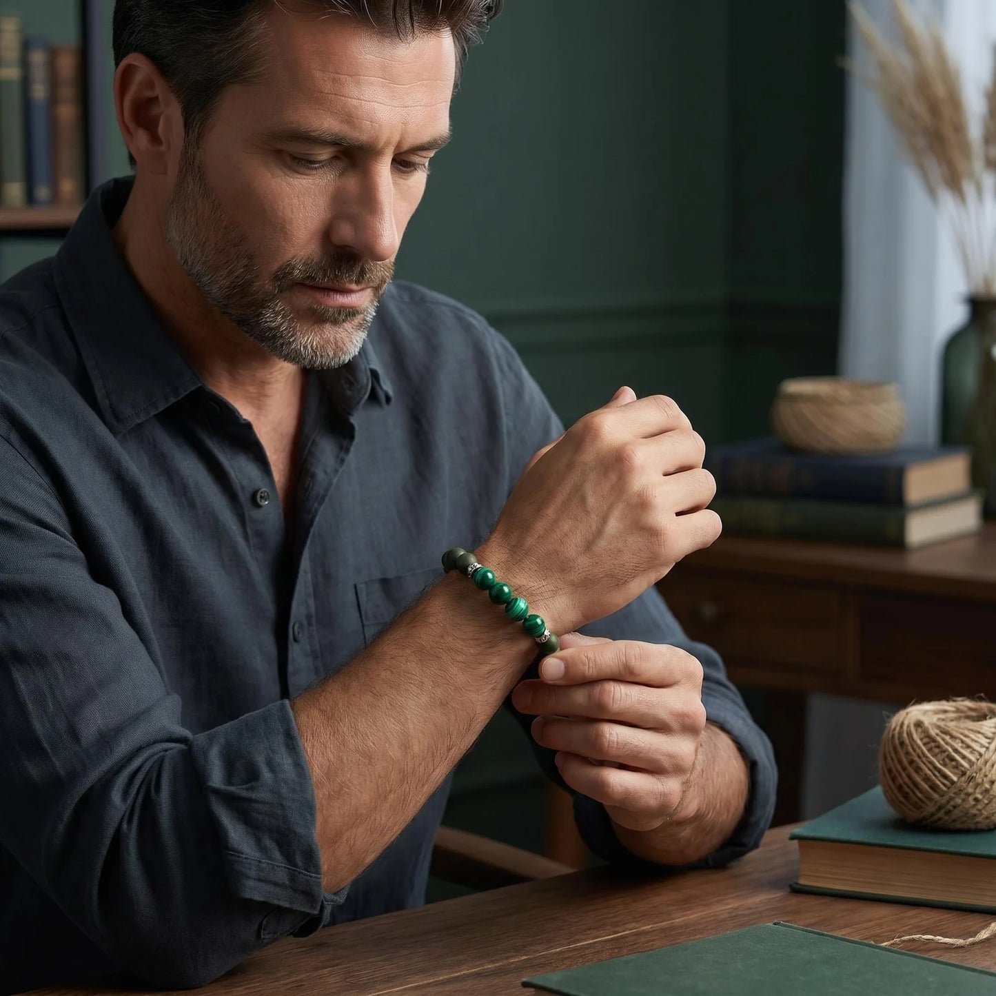 EAST PAVILION wearable incense bracelet in a tea and incense setting with subtle smoke.