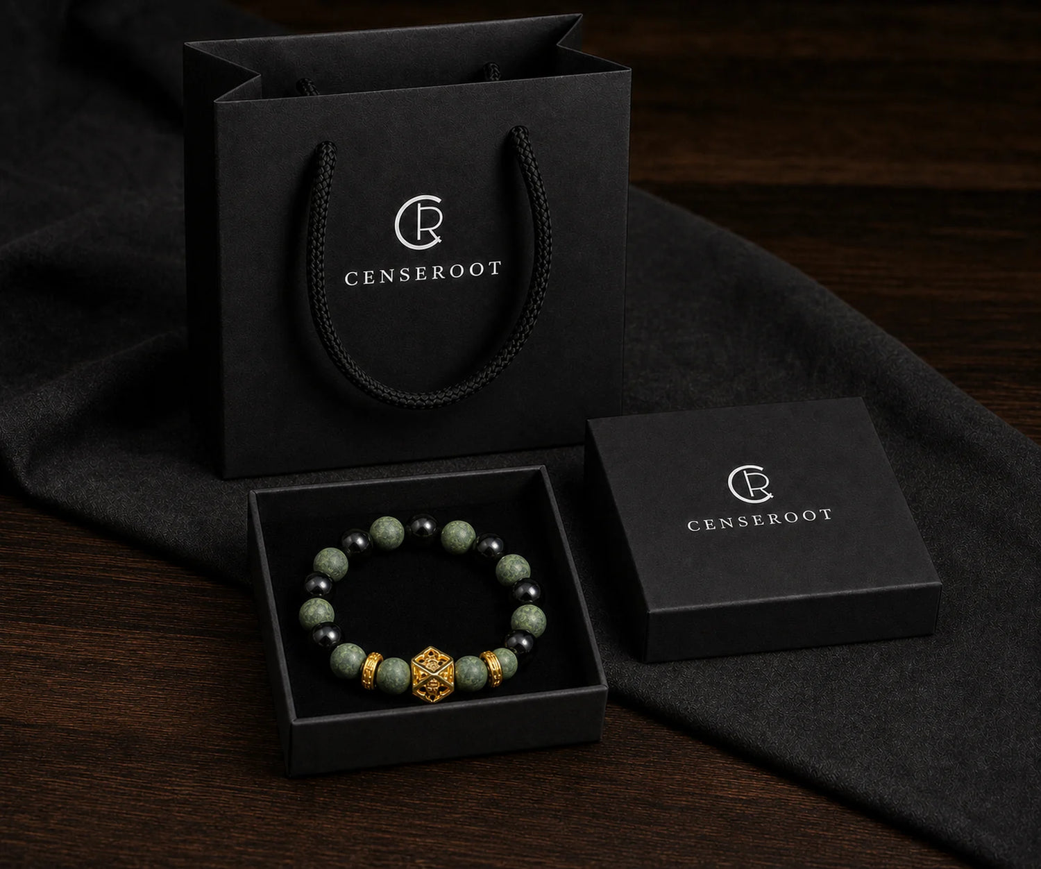 CENSEROOT Azure Dragon bracelet displayed inside the black gift-ready presentation box with carrying bag.