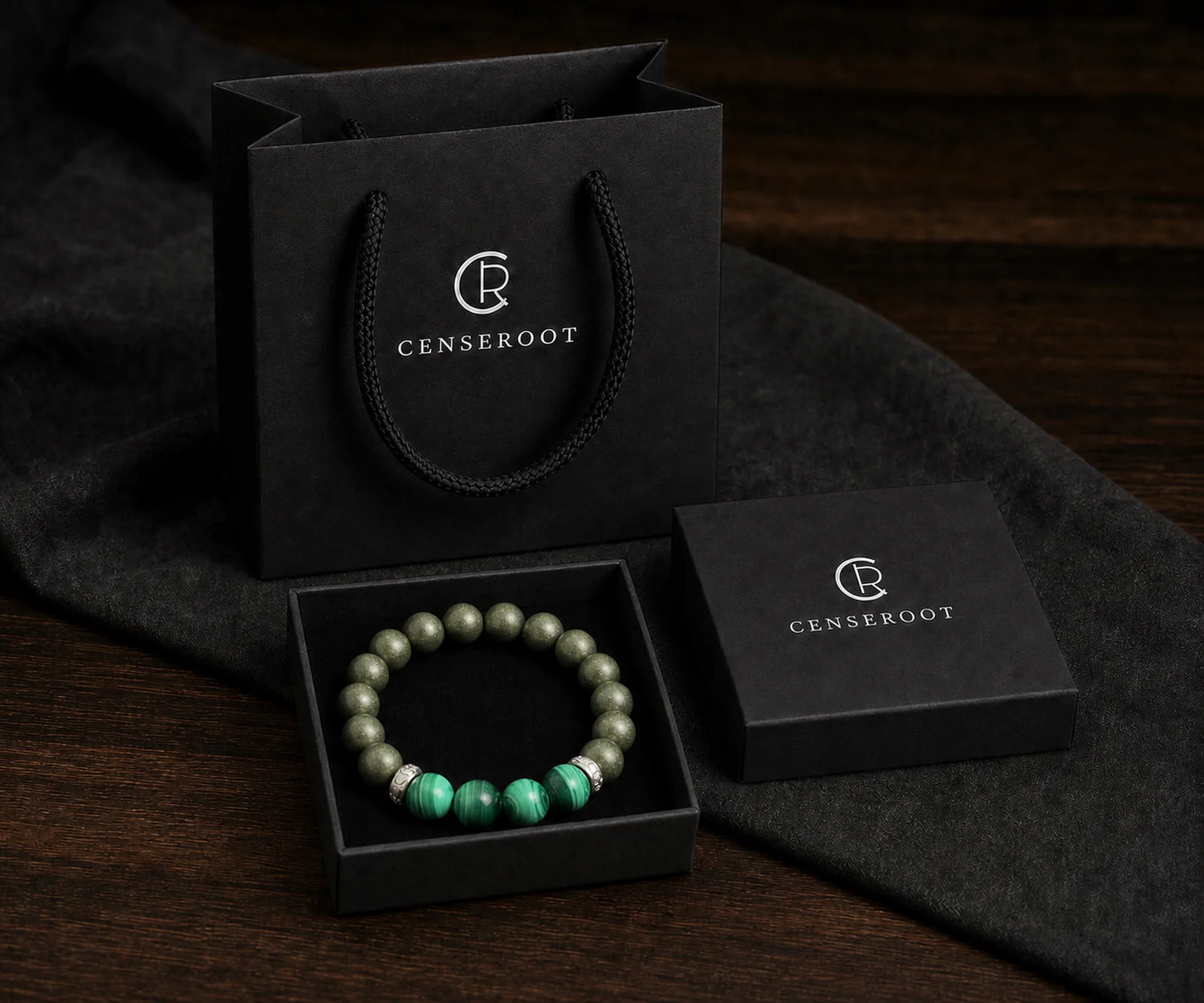 CENSEROOT East Pavilion bracelet displayed inside the black gift-ready presentation box with carrying bag.