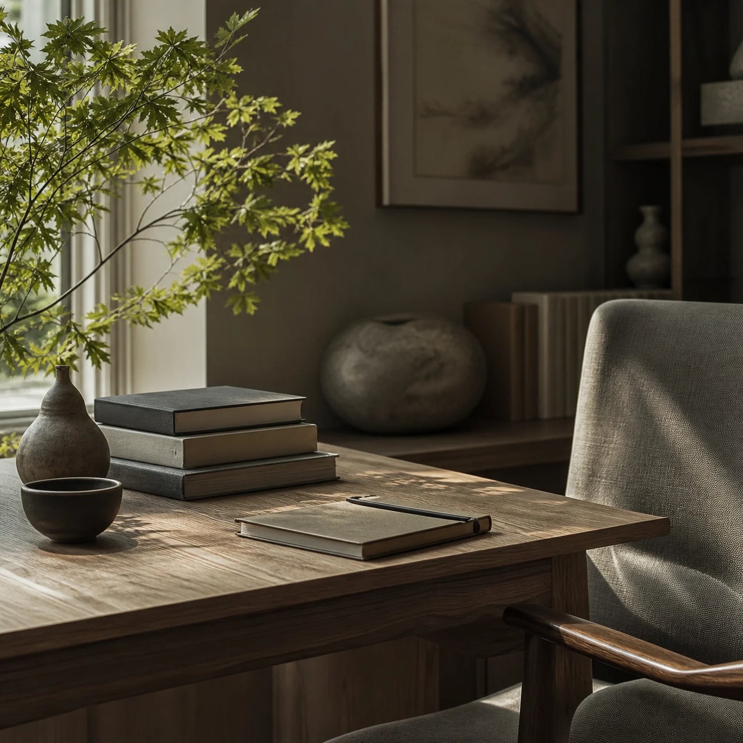 CENSEROOT East Pavilion scene image showing a private study corner with warm wood, books, green leaves, ceramic, and quiet natural light.