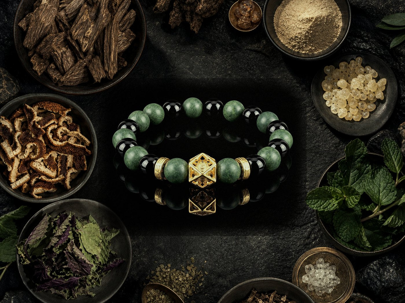 Azure Dragon bracelet surrounded by aromatic woods resins herbs and cooling botanicals