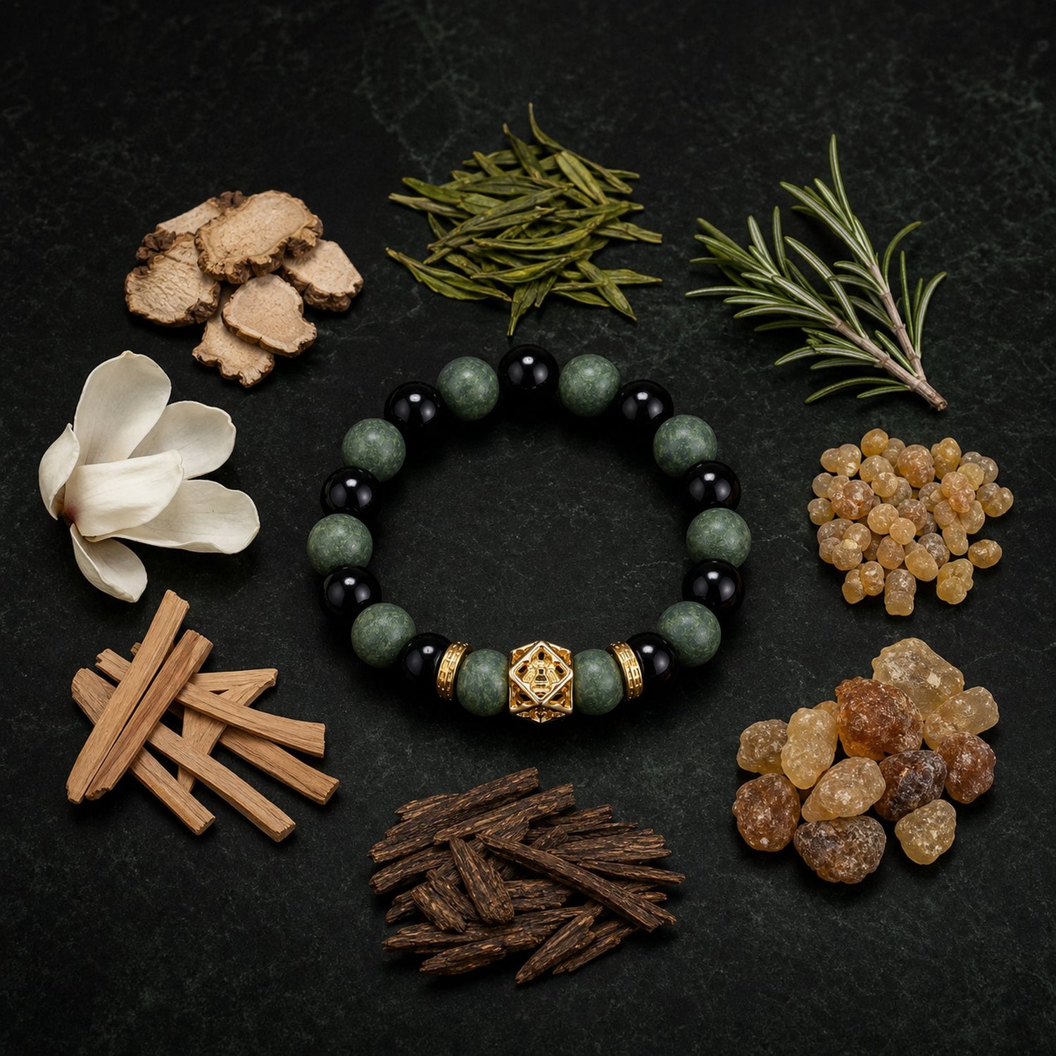 CENSEROOT Azure Dragon wearable solid incense bracelet with Longjing tea, rosemary, magnolia, agarwood, sandalwood, and resins on black stone.