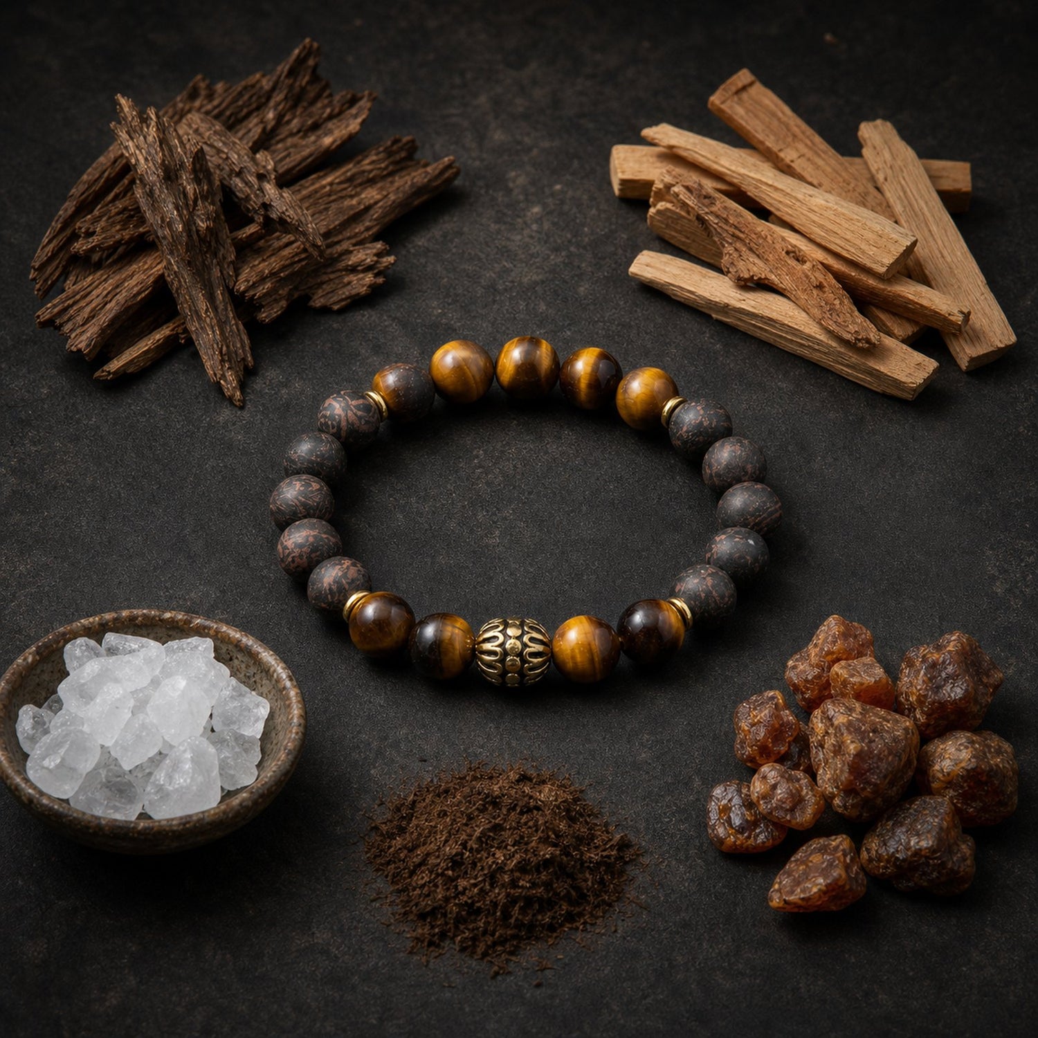 CENSEROOT Black Accord wearable solid incense bracelet with agarwood, sandalwood, borneol, and aromatic accord materials on dark stone.