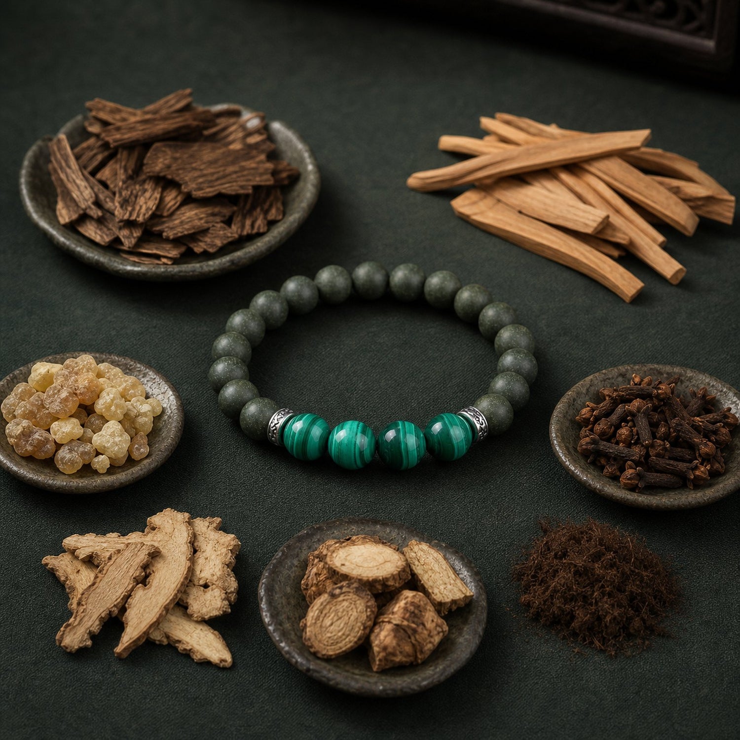 CENSEROOT East Pavilion wearable solid incense bracelet with agarwood, sandalwood, frankincense, clove, roots, and aromatic accord materials on deep green cloth.