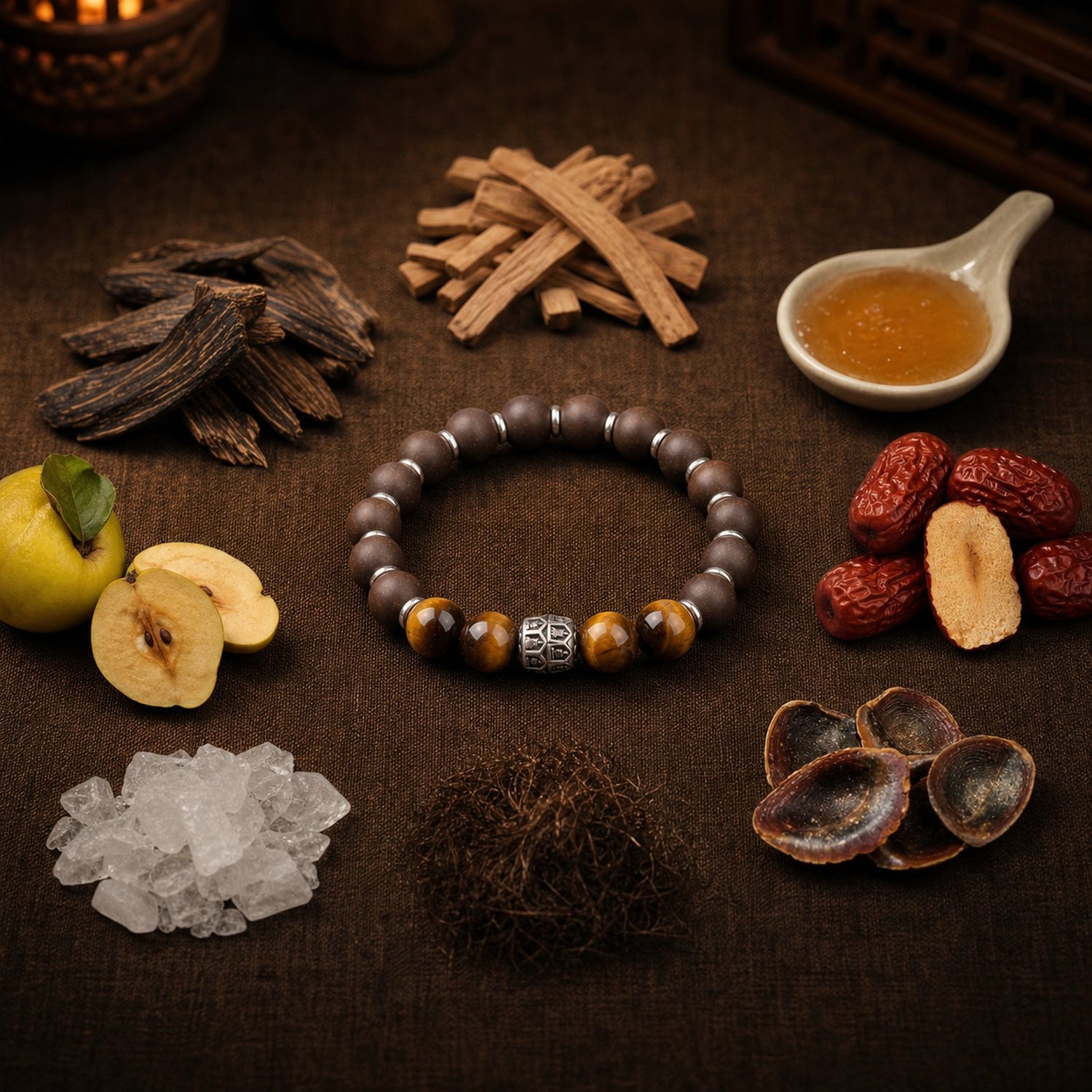 CENSEROOT Pear Blossom wearable solid incense bracelet with agarwood, sandalwood, quince, honey, dates, borneol, and aromatic accord materials on warm dark cloth.