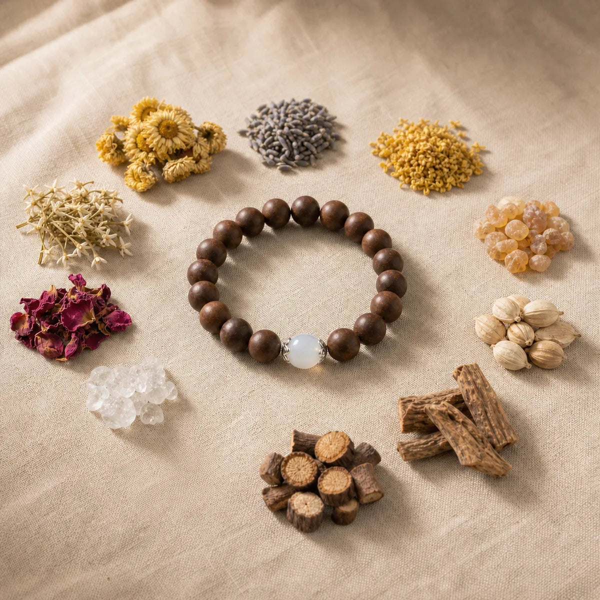 CENSEROOT Quiet Moon wearable solid incense bracelet with white agate, surrounded by floral and botanical aromatic materials.