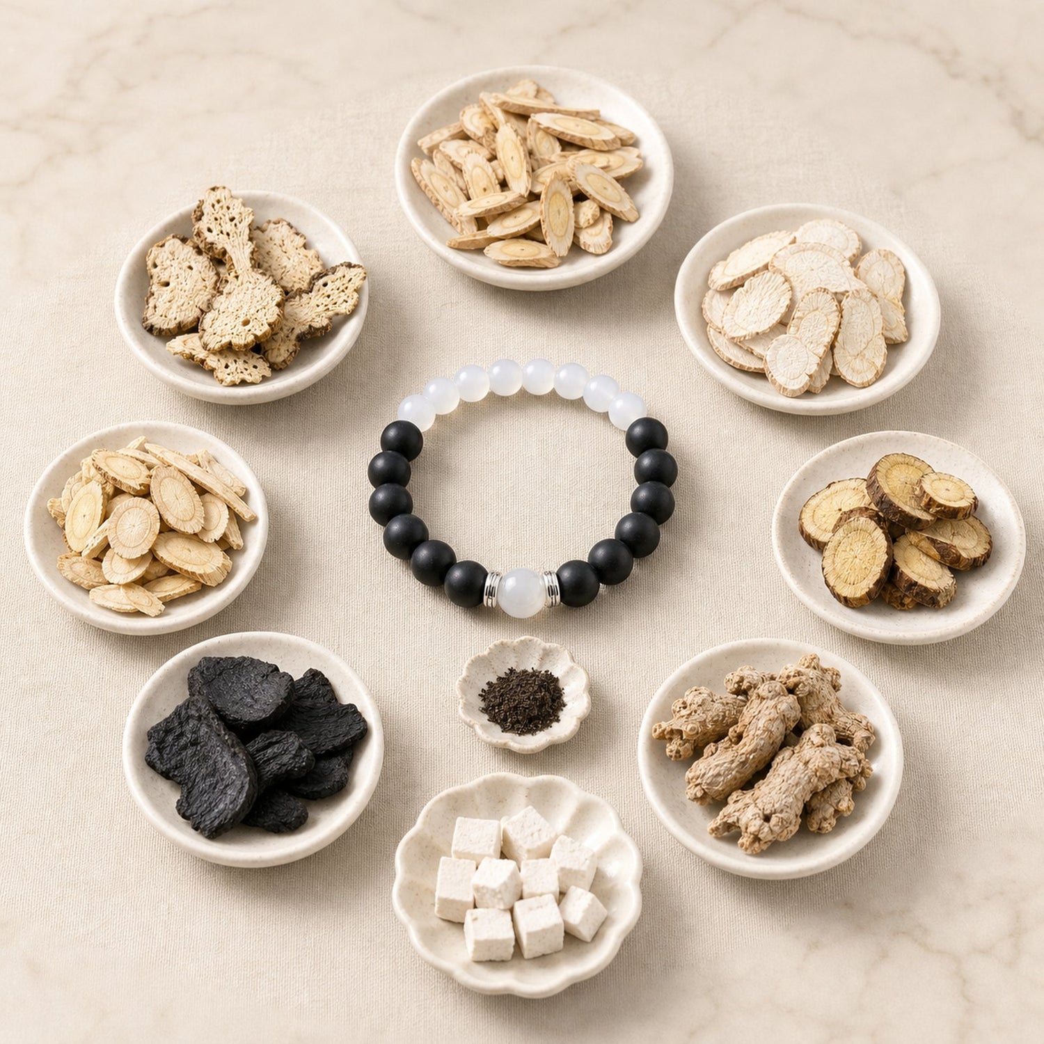 CENSEROOT Skin Breath wearable solid incense bracelet with ginseng, astragalus, white peony root, poria, licorice, and botanical ingredients on smoke ivory linen.