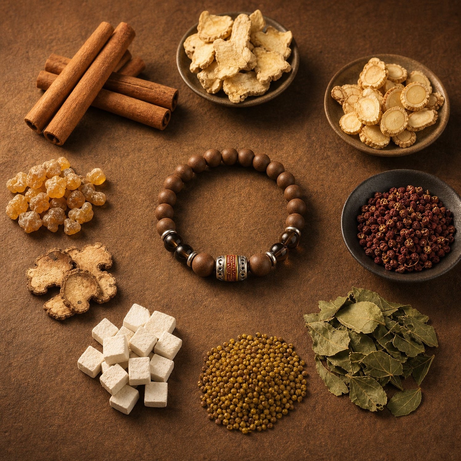 CENSEROOT Warm Yang wearable solid incense bracelet with cinnamon, dried ginger, ginseng, Sichuan pepper, poria, and frankincense on warm brown cloth.