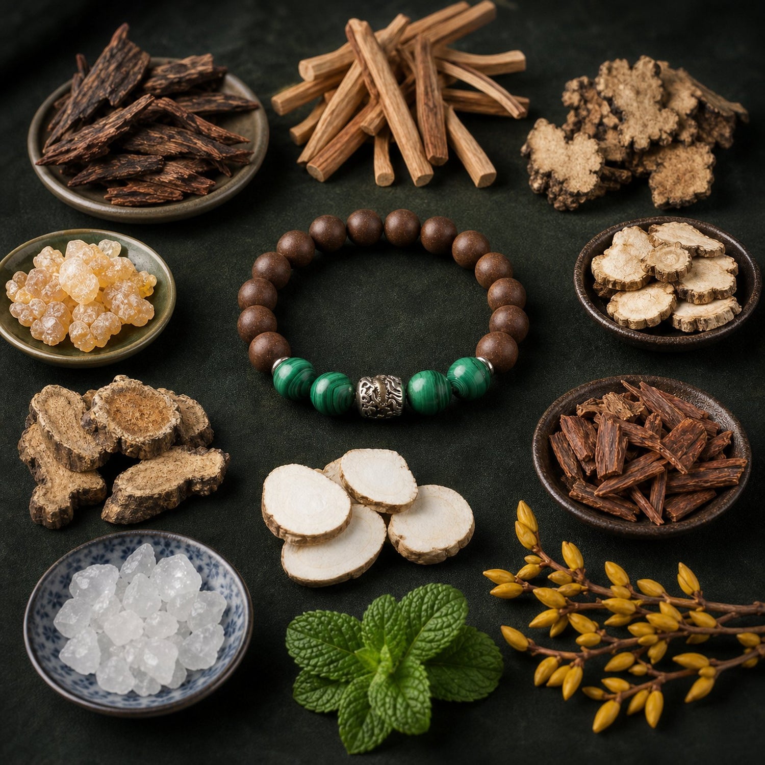 CENSEROOT Yongzheng Cool wearable solid incense bracelet with cooling herbs, woods, mint, borneol, and resins on deep green cloth.