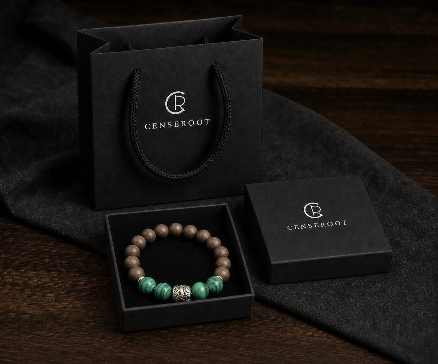 CENSEROOT Palace Breeze bracelet displayed inside the black gift-ready presentation box with carrying bag.