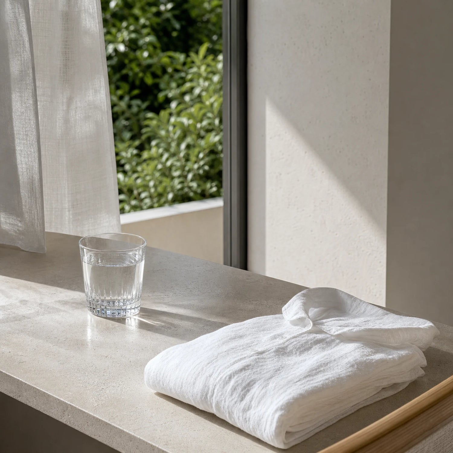 CENSEROOT Palace Breeze scene image showing a cool shaded summer home corner with pale stone, linen, water, and clean daylight.