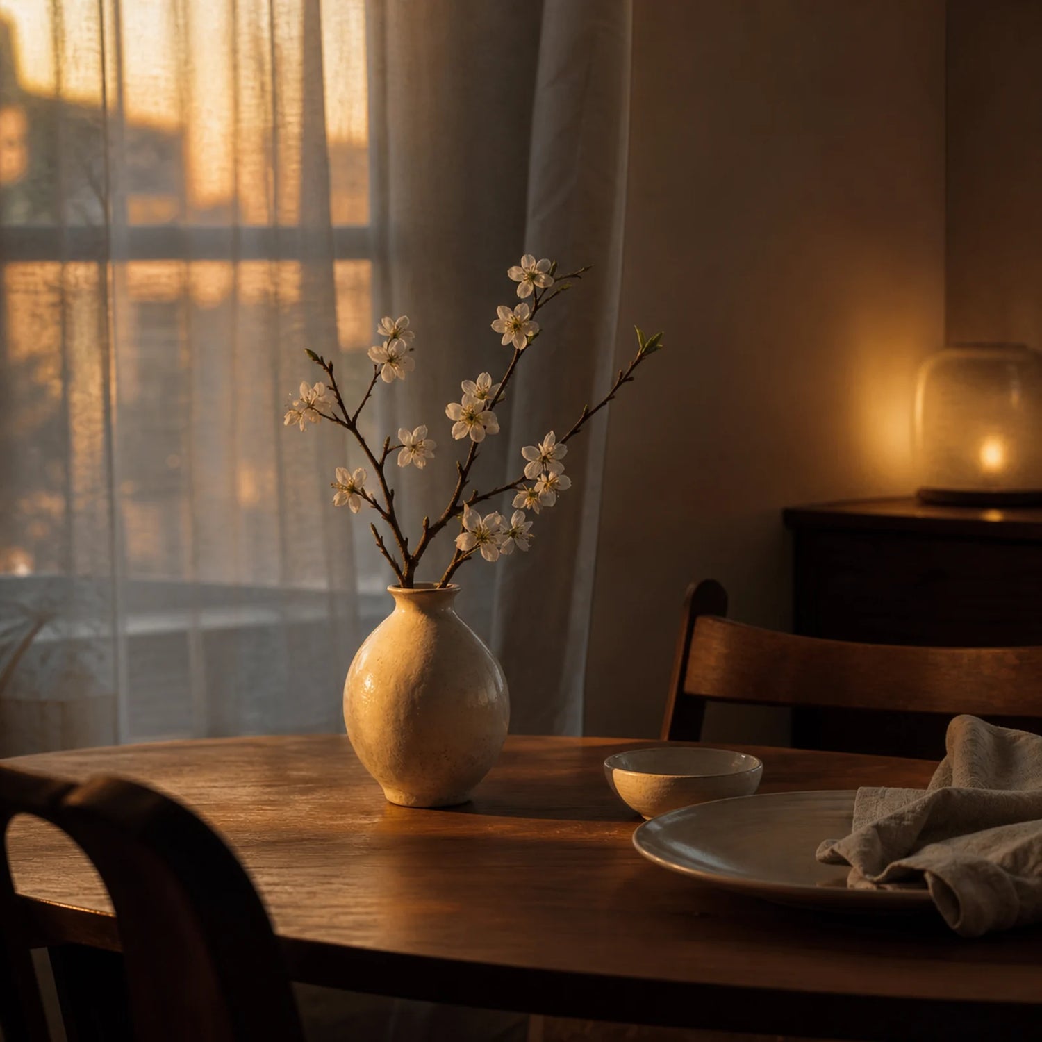 CENSEROOT Pear Blossom scene image showing an amber evening table with gauzy curtain light, pale blossoms, ceramic, linen, and warm wood.