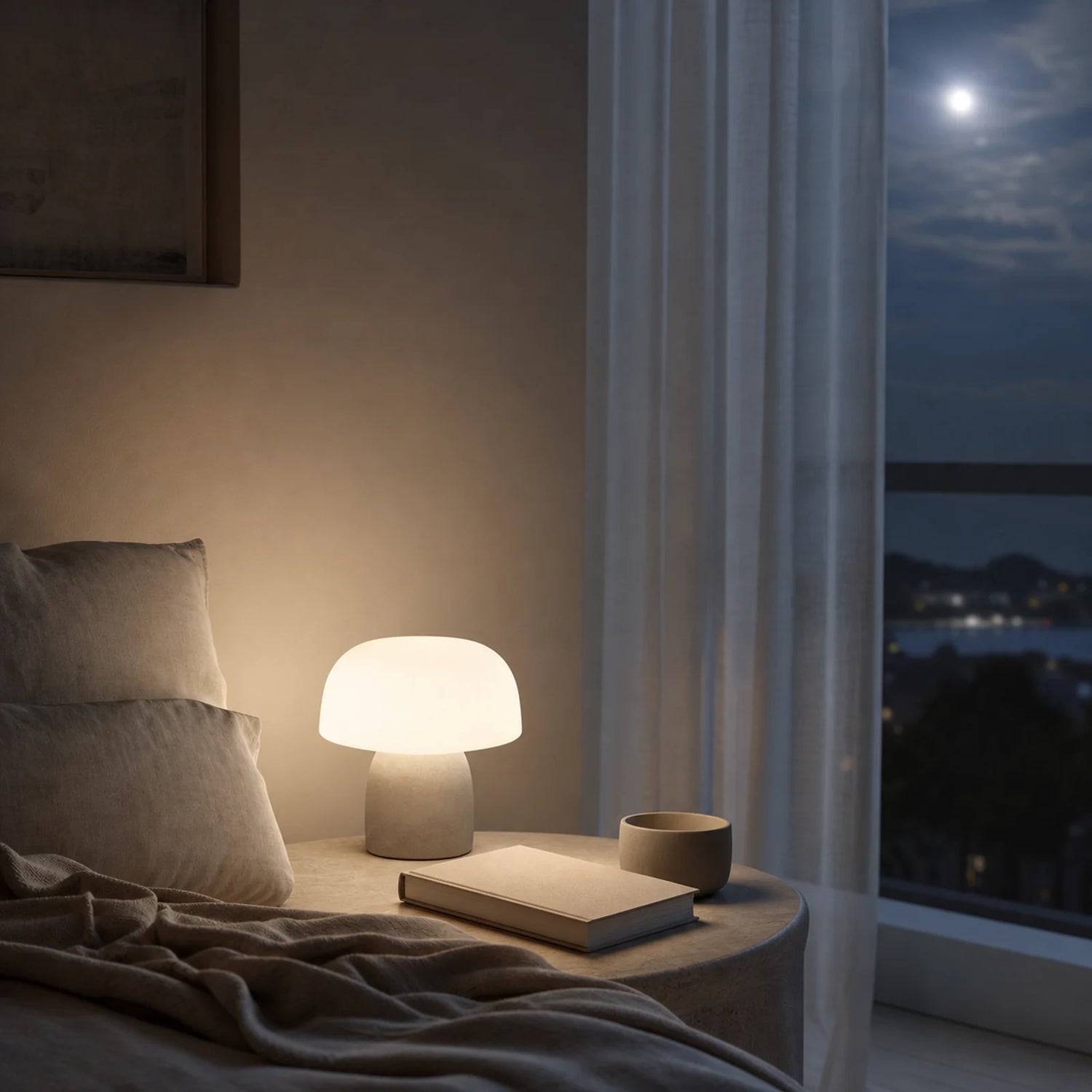 CENSEROOT Quiet Moon scene image showing a calm evening room with soft linen, warm lamp light, moonlit window, a closed book, and ceramic cup.