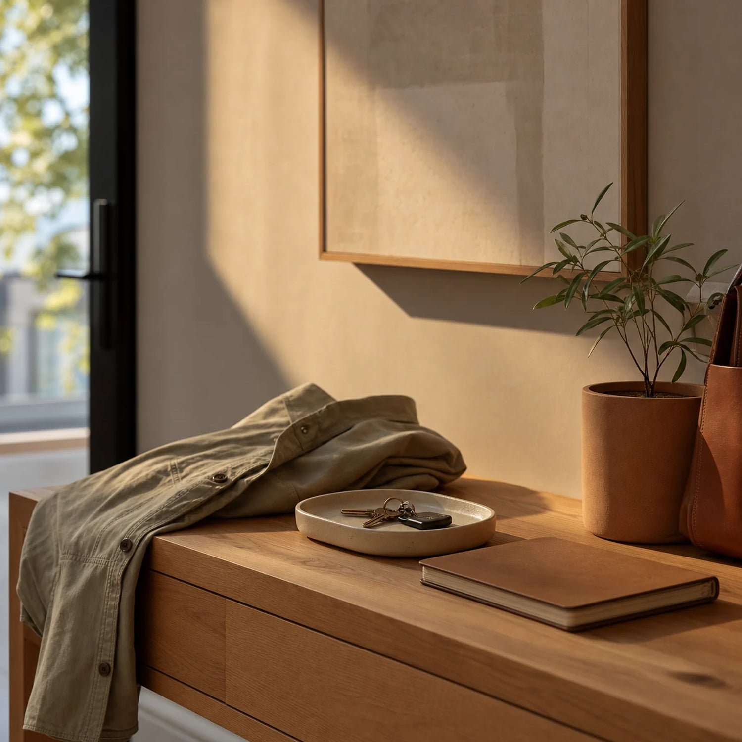 CENSEROOT Warm Ember scene image showing a tidy morning entryway with warm light, folded overshirt, keys, wood, and ceramic details.
