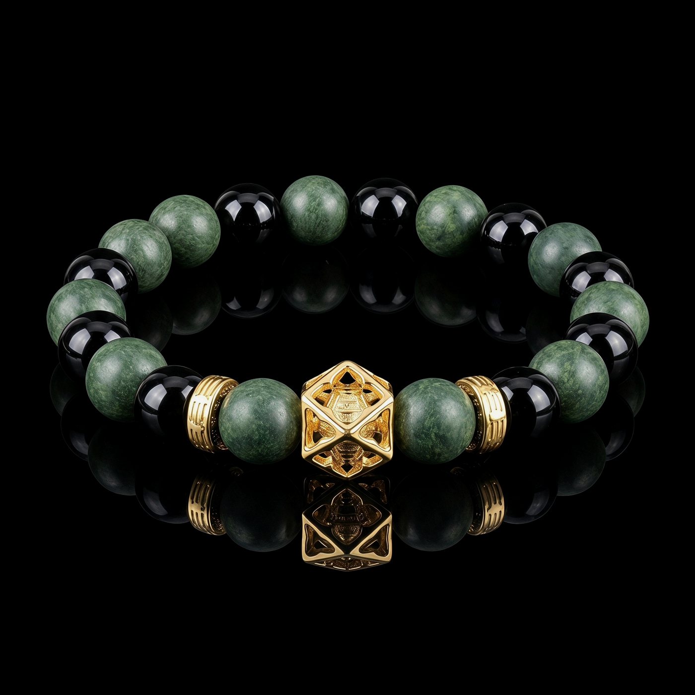 Azure Dragon bracelet with green aromatic beads black obsidian and gold geometric centerpiece